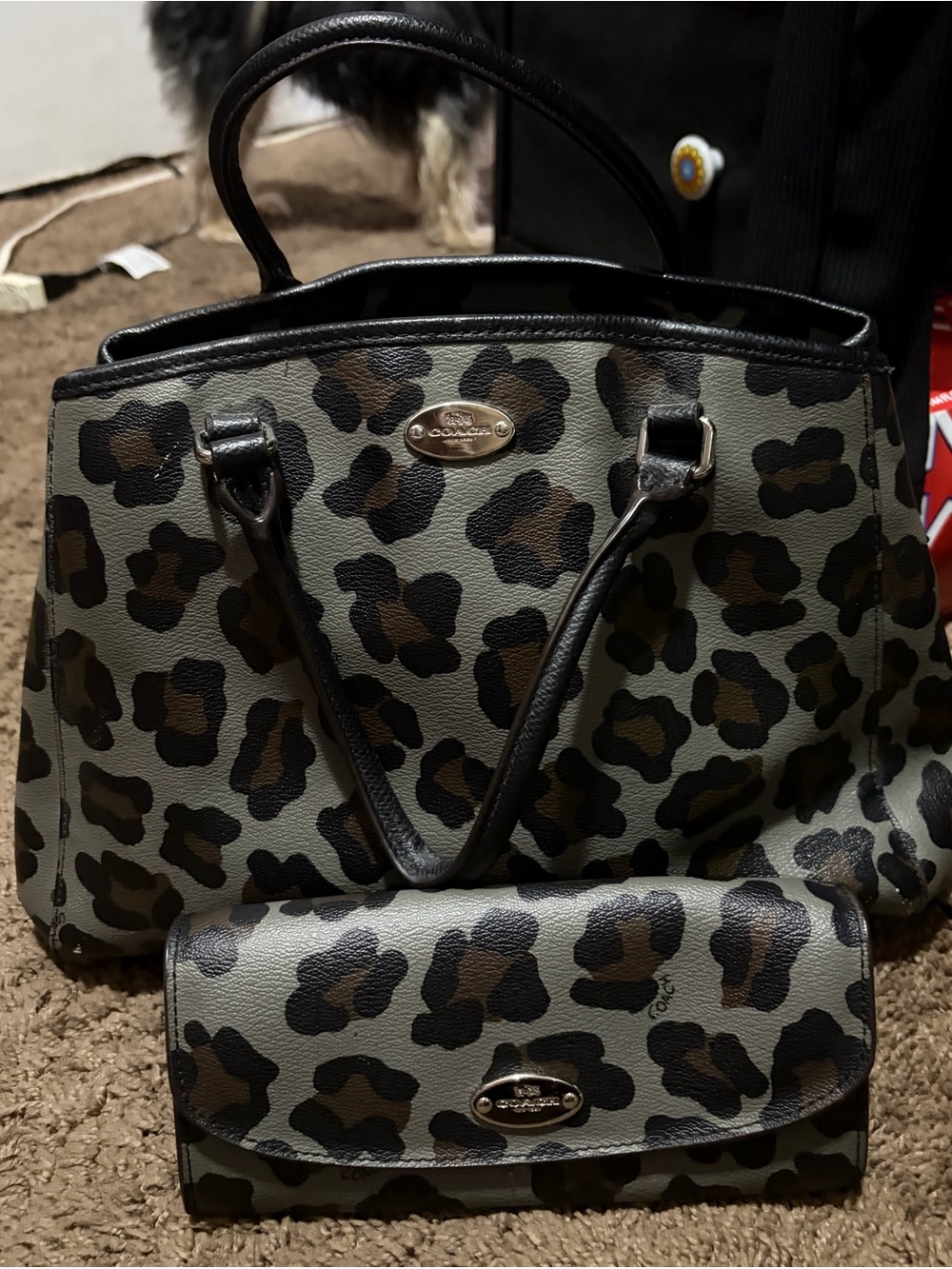 Coach Leopard Print Leather Satchel and Wallet - gray/ Brown